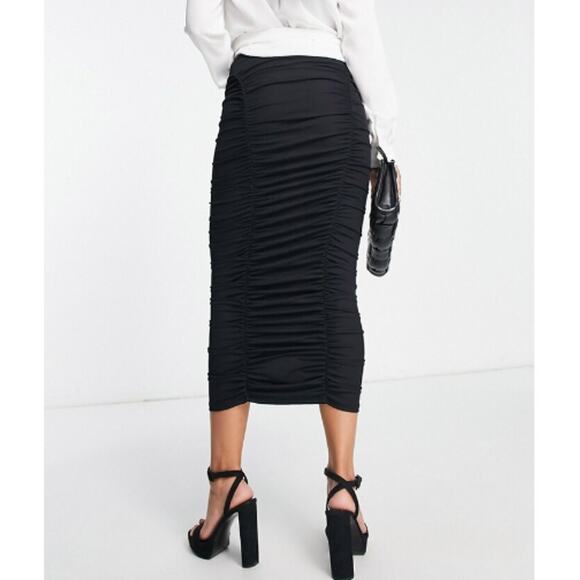 New NORDSTROM TOPSHOP Black Ruched Jersey Midi Skirt Size 8 - Picture 3 of 9